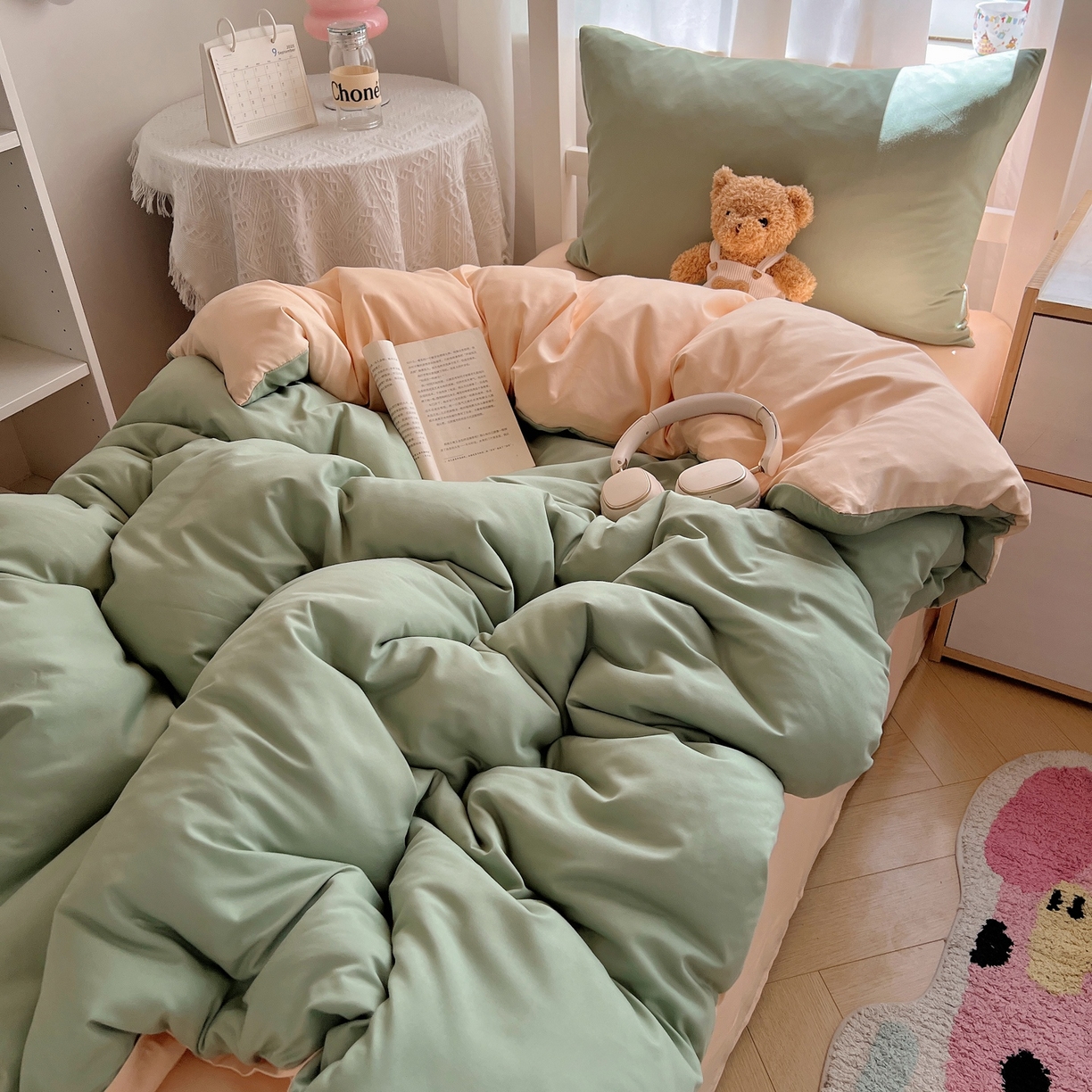 91家纺网 家纺一手货源 找家纺 缦绣阁家纺 2026新款亲肤水洗棉纯色四件套床单被罩被套单件学生宿舍上下铺单人三件套 浅绿浅驼