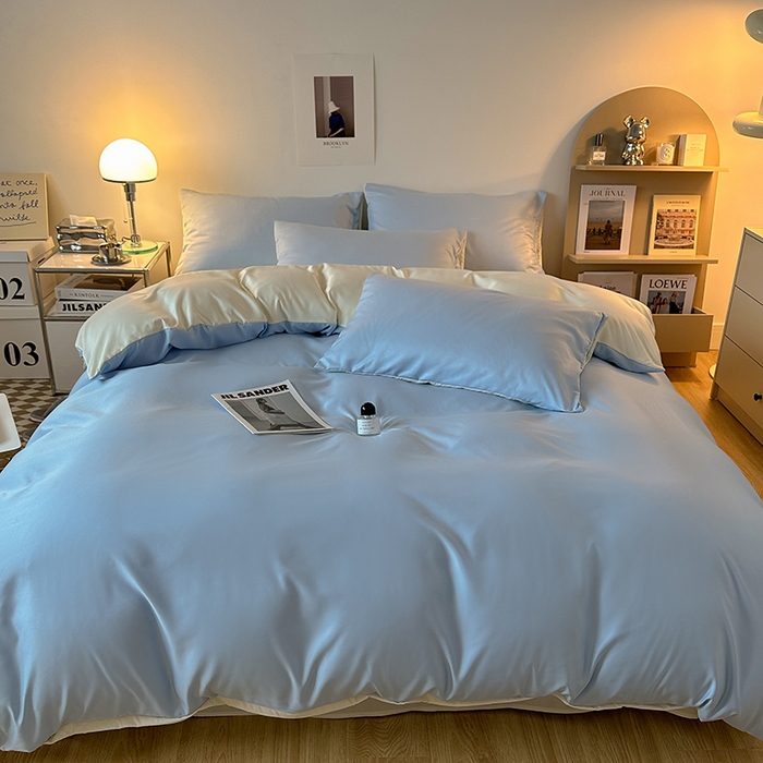 91家纺网 家纺一手货源 找家纺 缦绣阁家纺  2026新款夏季轻奢水洗冰丝四件套真丝简约纯色被罩被套学生宿舍三件套-洛可可系列 洛可可-天空兰+芝士