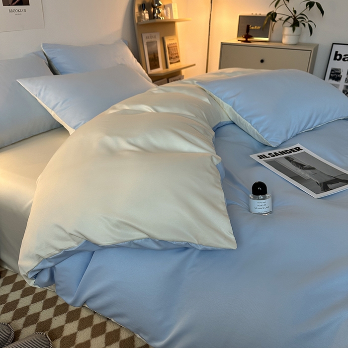 91家纺网 家纺一手货源 找家纺 缦绣阁家纺  2026新款夏季轻奢水洗冰丝四件套真丝简约纯色被罩被套学生宿舍三件套-洛可可系列 洛可可-天空兰+芝士
