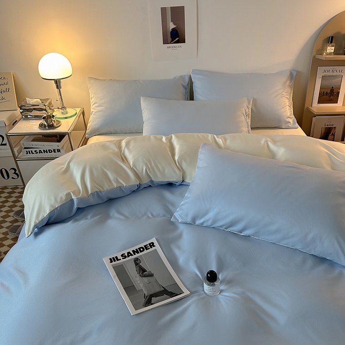 91家纺网 家纺一手货源 找家纺 缦绣阁家纺  2026新款夏季轻奢水洗冰丝四件套真丝简约纯色被罩被套学生宿舍三件套-洛可可系列 洛可可-天空兰+芝士