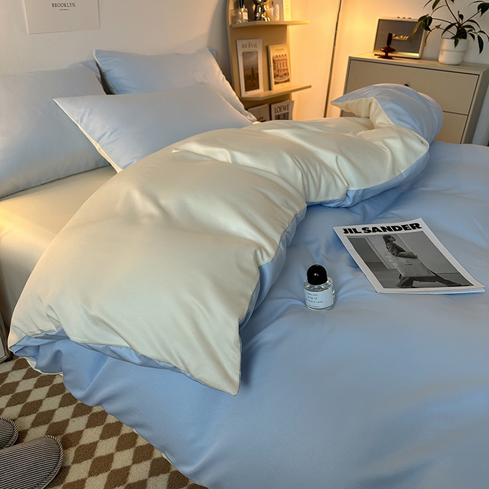 91家纺网 家纺一手货源 找家纺 缦绣阁家纺  2026新款夏季轻奢水洗冰丝四件套真丝简约纯色被罩被套学生宿舍三件套-洛可可系列 洛可可-天空兰+芝士