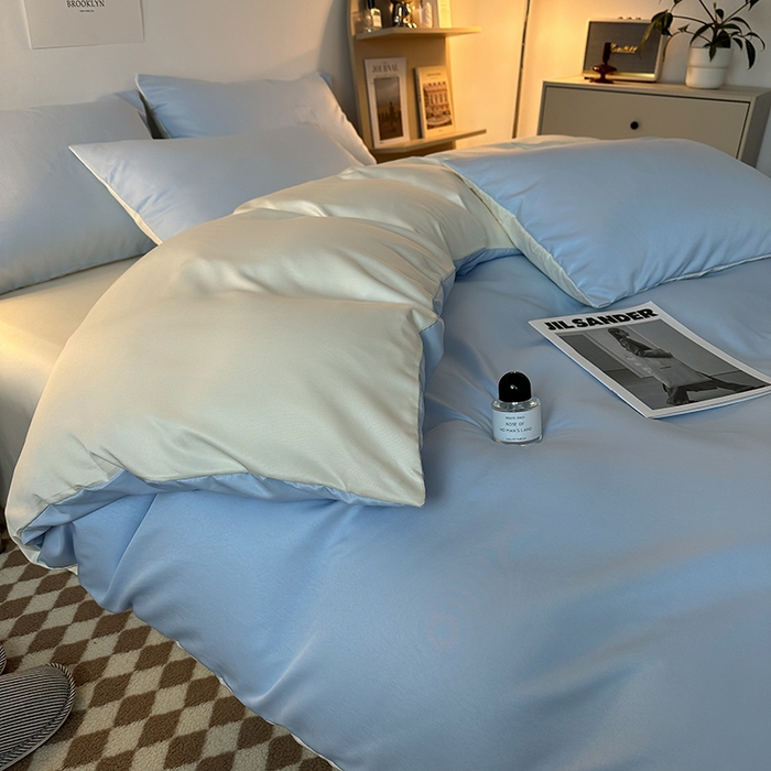 91家纺网 家纺一手货源 找家纺 缦绣阁家纺  2026新款夏季轻奢水洗冰丝四件套真丝简约纯色被罩被套学生宿舍三件套-洛可可系列 洛可可-天空兰+芝士