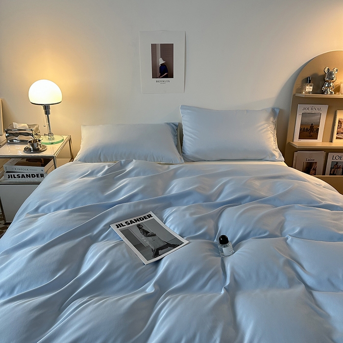 91家纺网 家纺一手货源 找家纺 缦绣阁家纺  2026新款夏季轻奢水洗冰丝四件套真丝简约纯色被罩被套学生宿舍三件套-洛可可系列 洛可可-天空兰+芝士