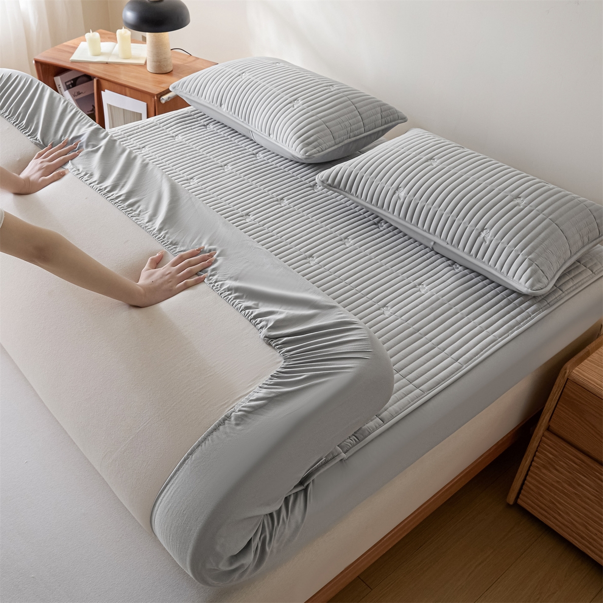 91家纺网 家纺一手货源 找家纺 居眠 2026新款三叶草刺绣棉花防水单床笠床笠单件 三叶草-灰