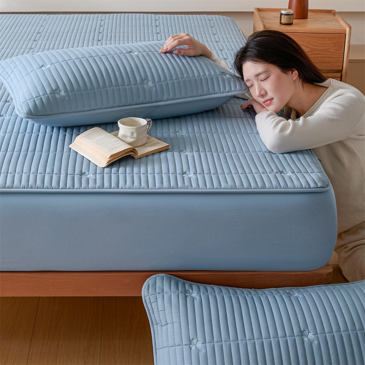 91家纺网 家纺一手货源 找家纺 居眠 2026新款三叶草刺绣棉花防水单床笠床笠单件 三叶草-蓝