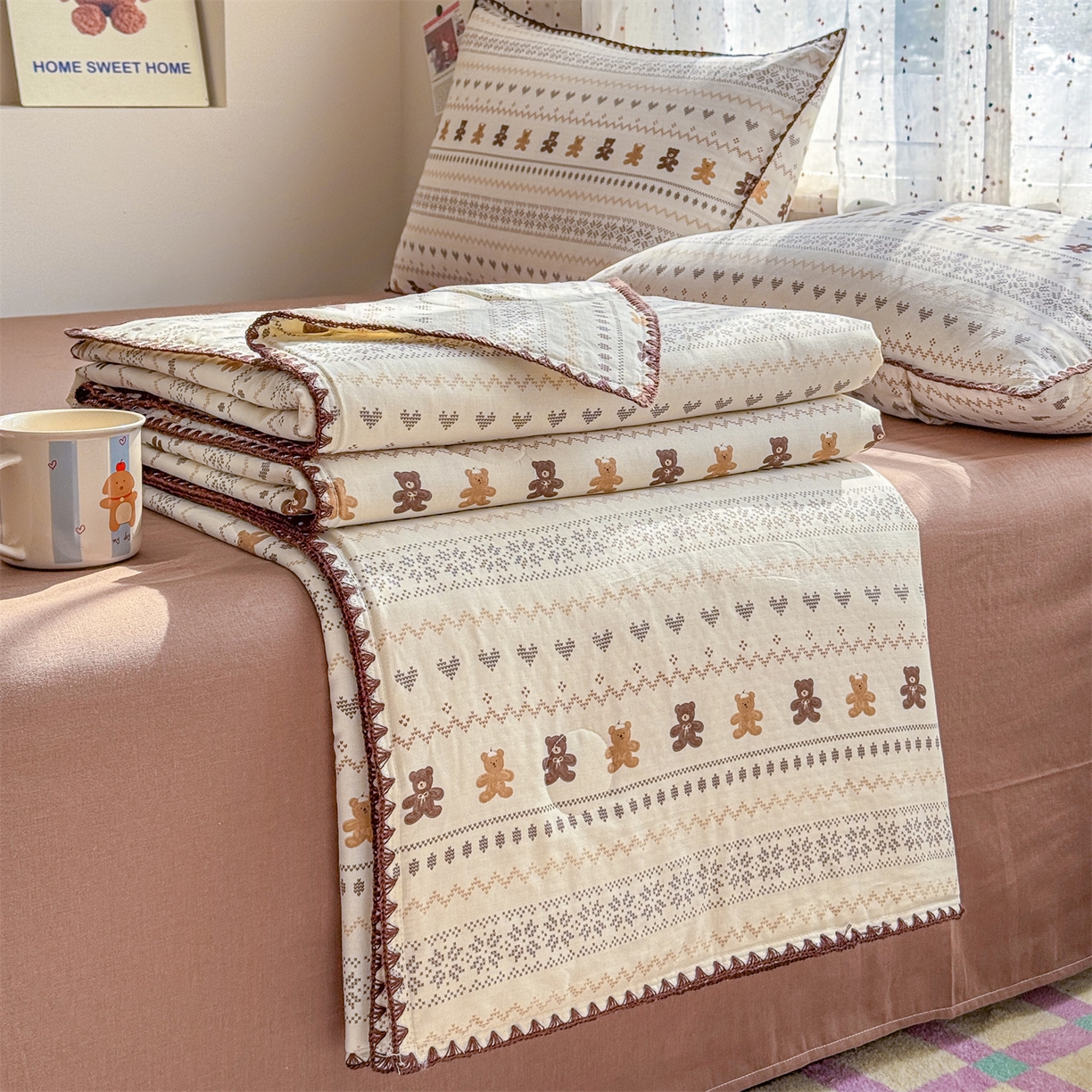 被窝家纺 2026春夏新款贝壳边全棉双层纱大豆夏凉被空调被夏被四件套 费尔岛小熊