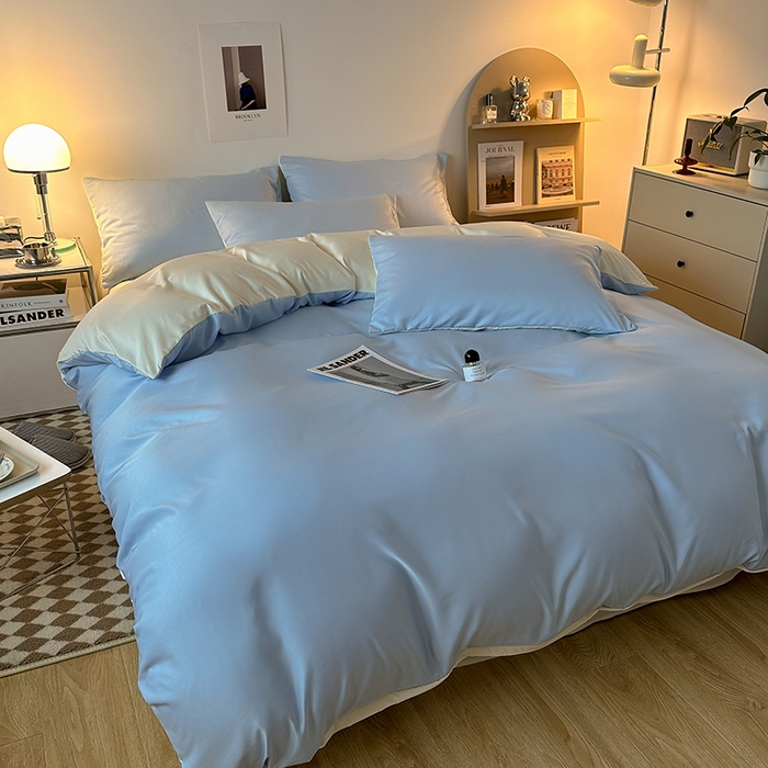 91家纺网 家纺一手货源 找家纺 缦绣阁家纺  2026新款夏季轻奢水洗冰丝四件套真丝简约纯色被罩被套学生宿舍三件套-洛可可系列 洛可可-天空兰+芝士