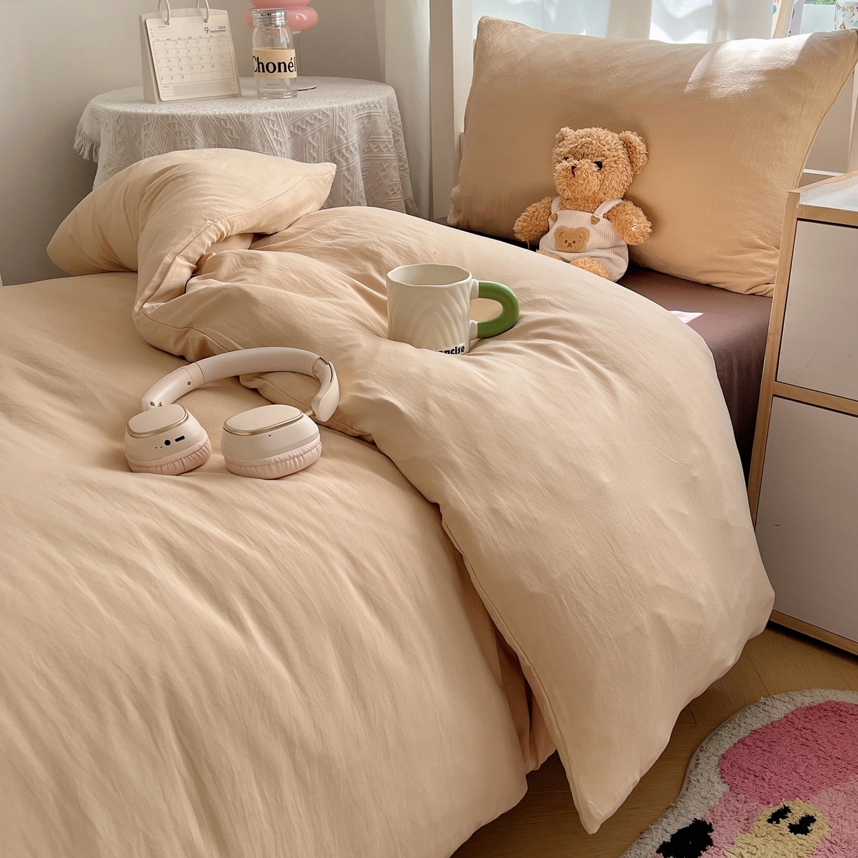 91家纺网 家纺一手货源 找家纺 缦绣阁家纺 2026新款亲肤水洗棉纯色四件套床单被罩被套单件学生宿舍上下铺单人三件套 浅驼深咖