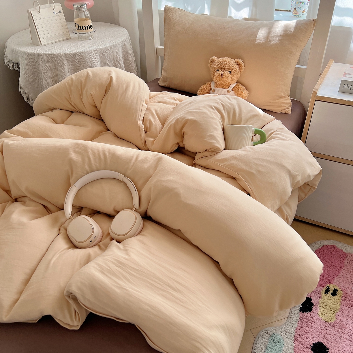 91家纺网 家纺一手货源 找家纺 缦绣阁家纺 2026新款亲肤水洗棉纯色四件套床单被罩被套单件学生宿舍上下铺单人三件套 浅驼深咖