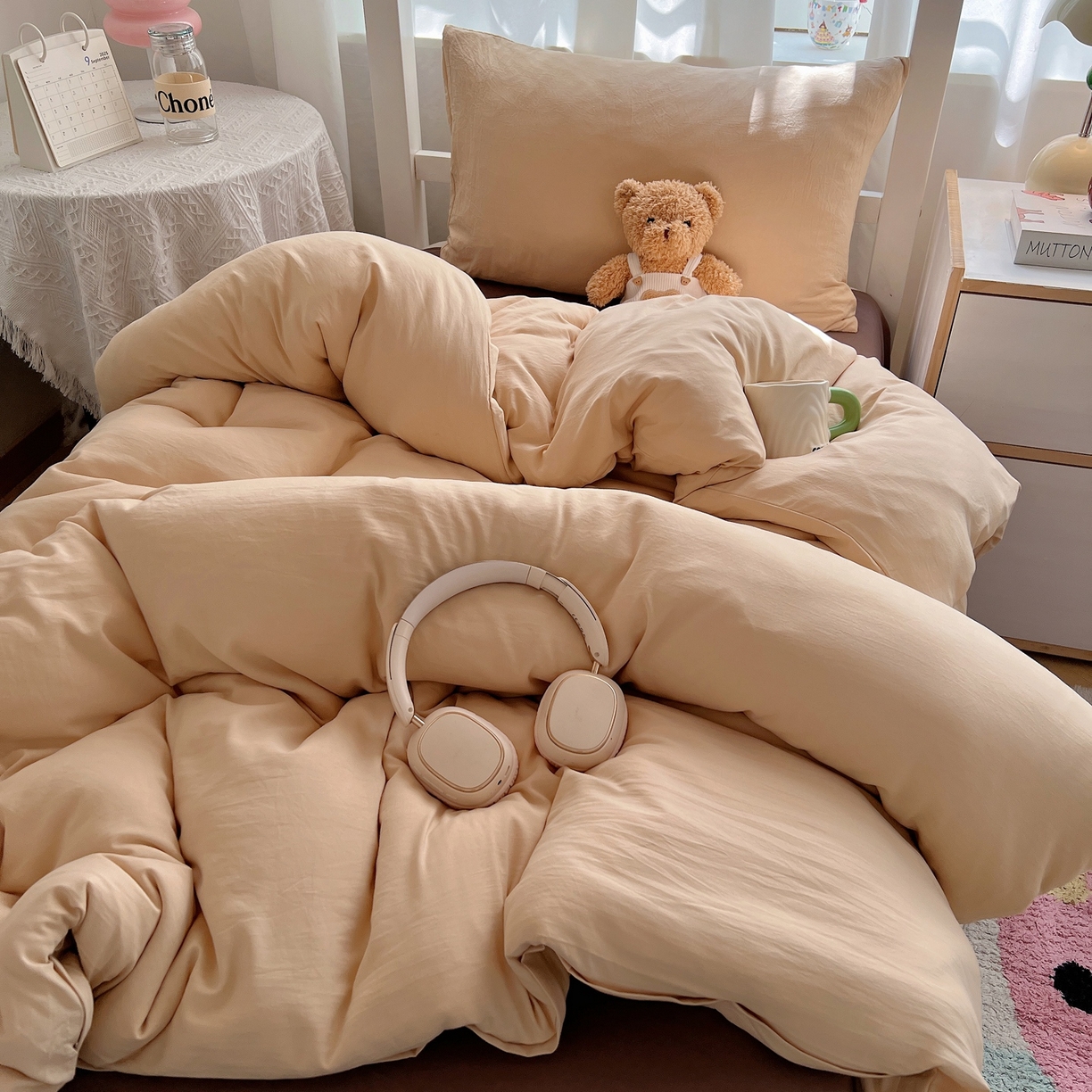 91家纺网 家纺一手货源 找家纺 缦绣阁家纺 2026新款亲肤水洗棉纯色四件套床单被罩被套单件学生宿舍上下铺单人三件套 浅驼深咖