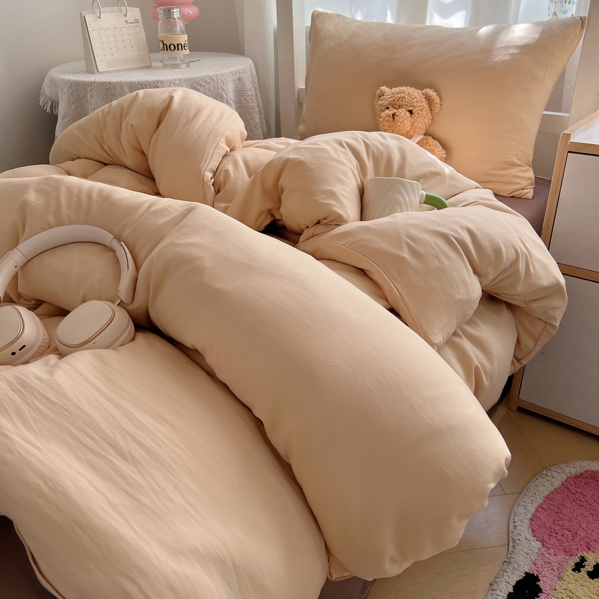 91家纺网 家纺一手货源 找家纺 缦绣阁家纺 2026新款亲肤水洗棉纯色四件套床单被罩被套单件学生宿舍上下铺单人三件套 浅驼深咖