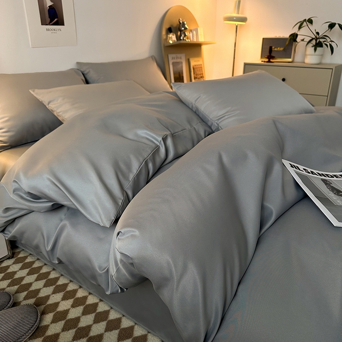 缦绣阁家纺  2026新款夏季轻奢水洗冰丝四件套真丝简约纯色被罩被套学生宿舍三件套-洛可可系列 洛可可-银灰