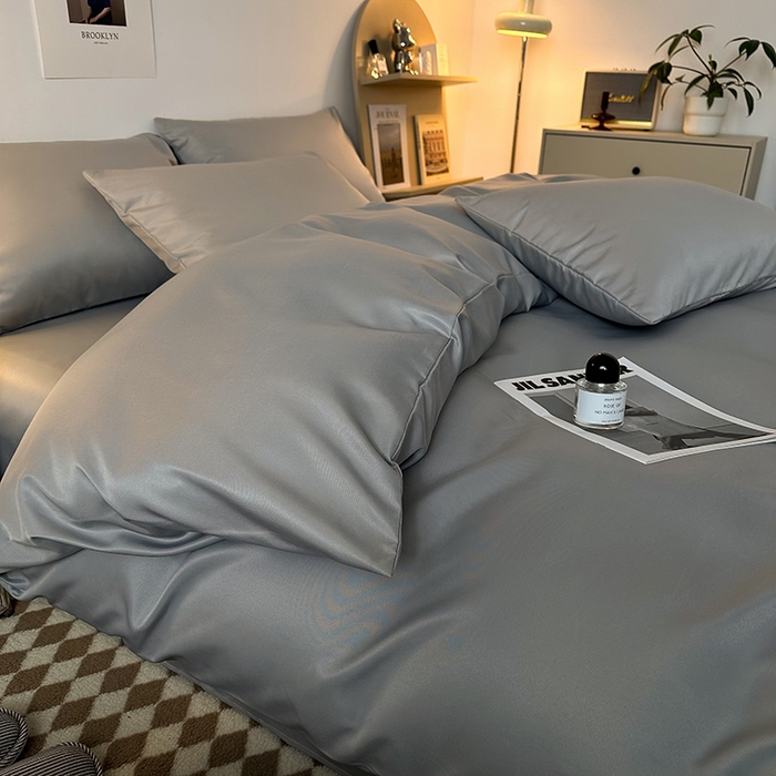 91家纺网 家纺一手货源 找家纺 缦绣阁家纺  2026新款夏季轻奢水洗冰丝四件套真丝简约纯色被罩被套学生宿舍三件套-洛可可系列 洛可可-银灰