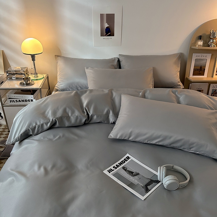 91家纺网 家纺一手货源 找家纺 缦绣阁家纺  2026新款夏季轻奢水洗冰丝四件套真丝简约纯色被罩被套学生宿舍三件套-洛可可系列 洛可可-银灰