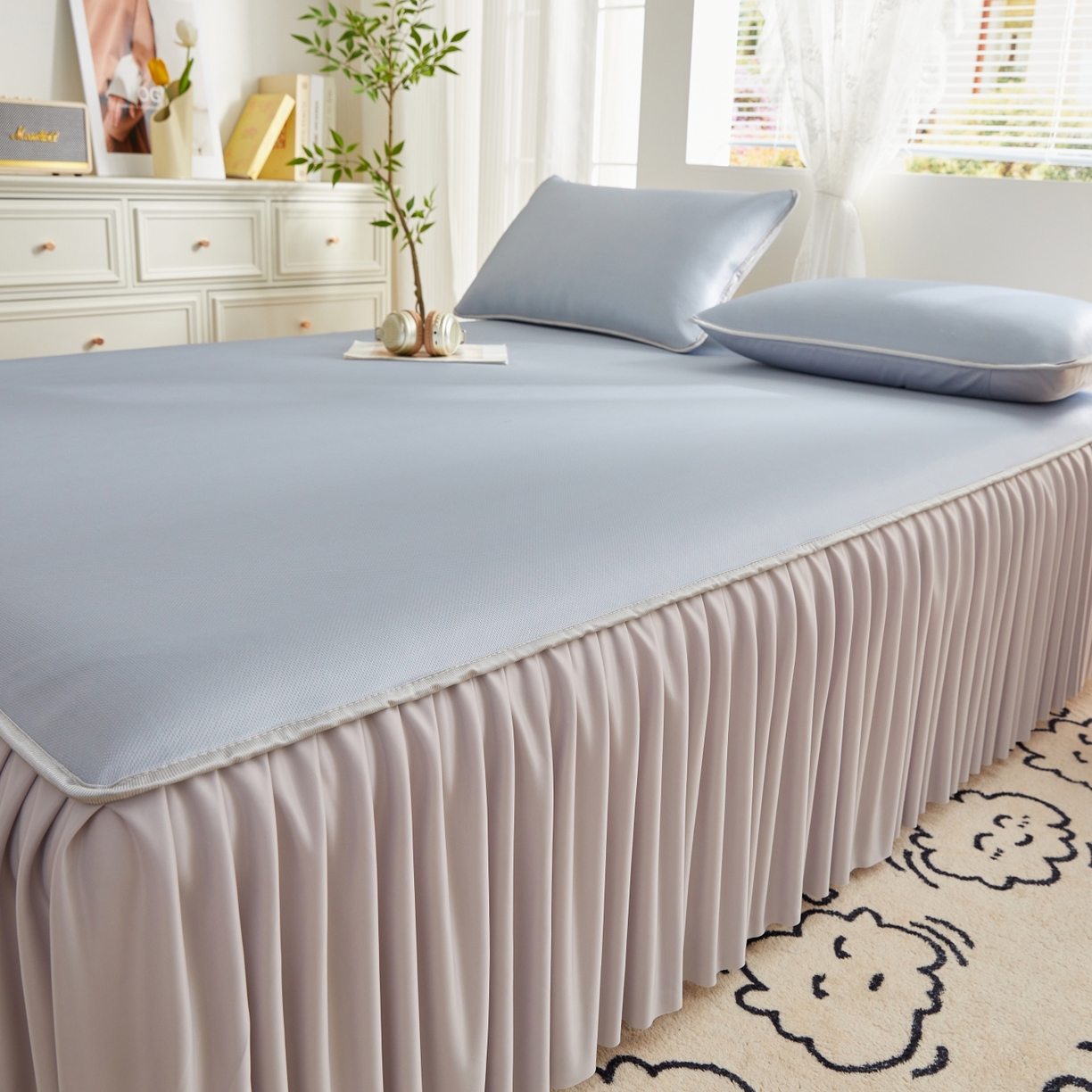 91家纺网 家纺一手货源 找家纺 优莱床垫 2026新款冰丝复合抗菌凉席床裙款 冰川灰凉席床裙