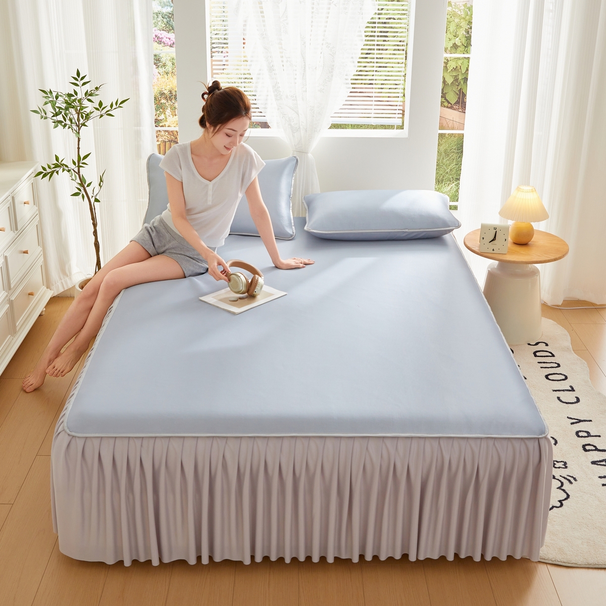 91家纺网 家纺一手货源 找家纺 优莱床垫 2026新款冰丝复合抗菌凉席床裙款 冰川灰凉席床裙