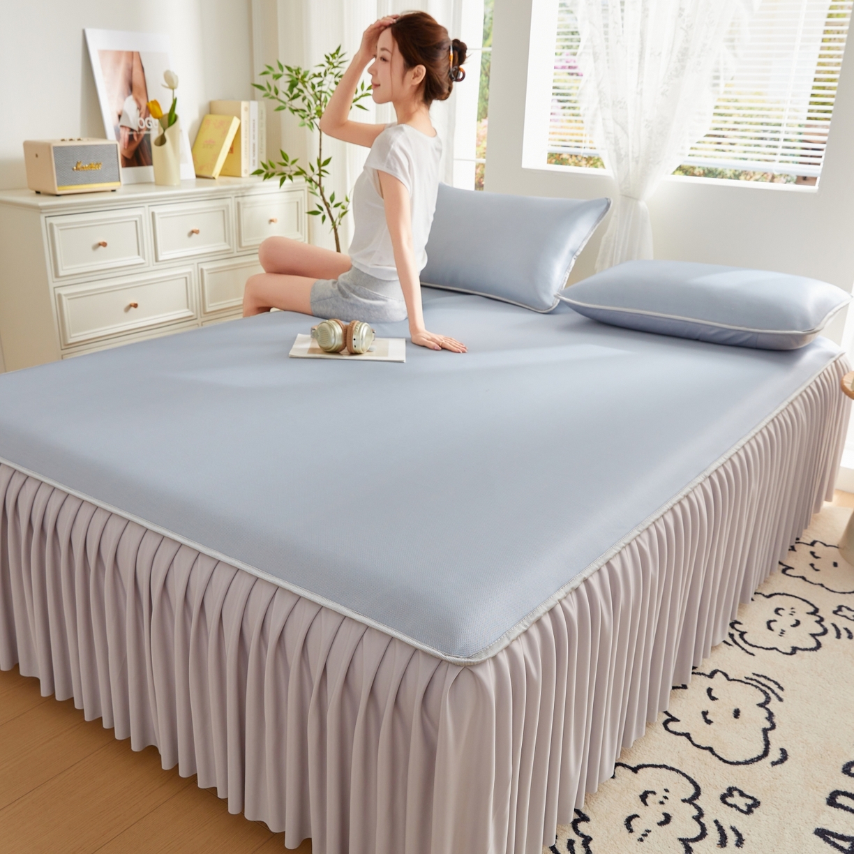 91家纺网 家纺一手货源 找家纺 优莱床垫 2026新款冰丝复合抗菌凉席床裙款 冰川灰凉席床裙