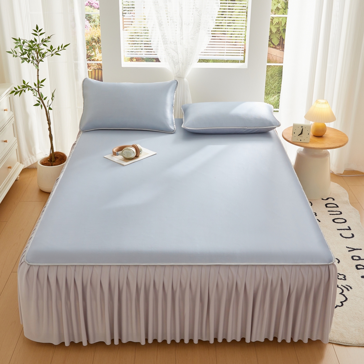 91家纺网 家纺一手货源 找家纺 优莱床垫 2026新款冰丝复合抗菌凉席床裙款 冰川灰凉席床裙