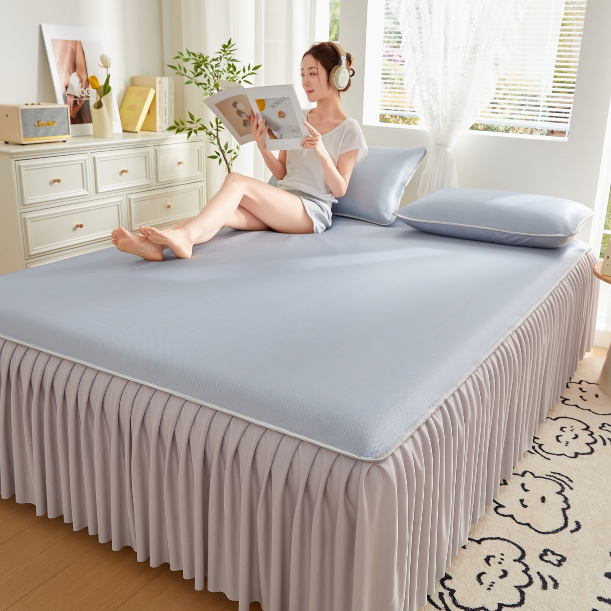 91家纺网 家纺一手货源 找家纺 优莱床垫 2026新款冰丝复合抗菌凉席床裙款 冰川灰凉席床裙