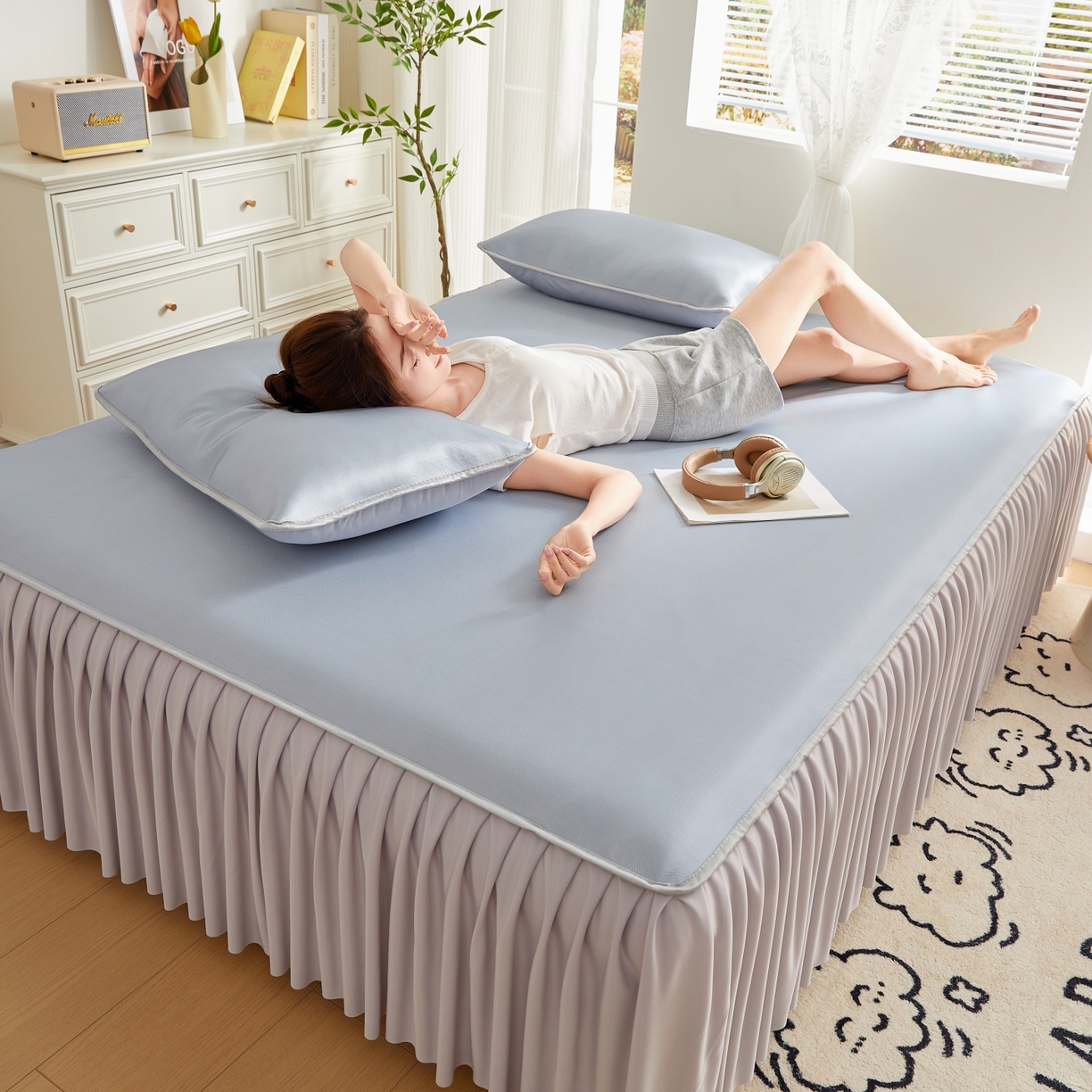 91家纺网 家纺一手货源 找家纺 优莱床垫 2026新款冰丝复合抗菌凉席床裙款 冰川灰凉席床裙