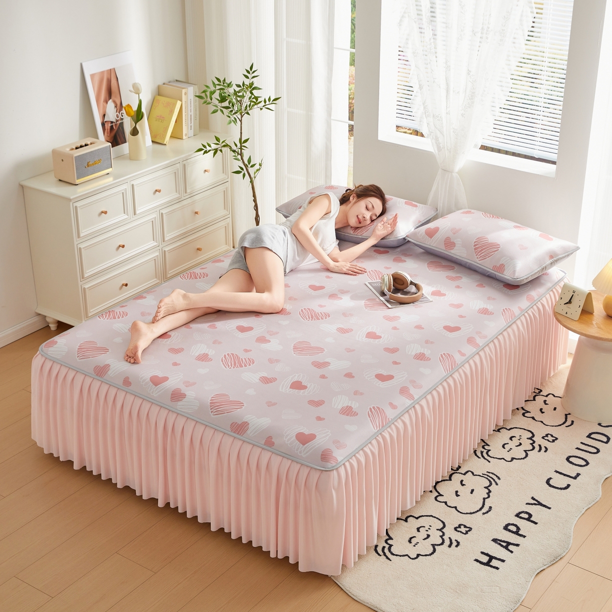 91家纺网 家纺一手货源 找家纺 优莱床垫 2026新款冰丝复合抗菌凉席床裙款 心心相印凉席床裙