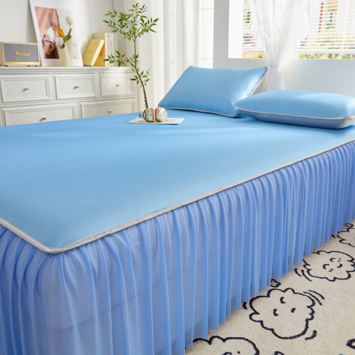 91家纺网 家纺一手货源 找家纺 优莱床垫 2026新款冰丝复合抗菌凉席床裙款 冰川蓝凉席床裙