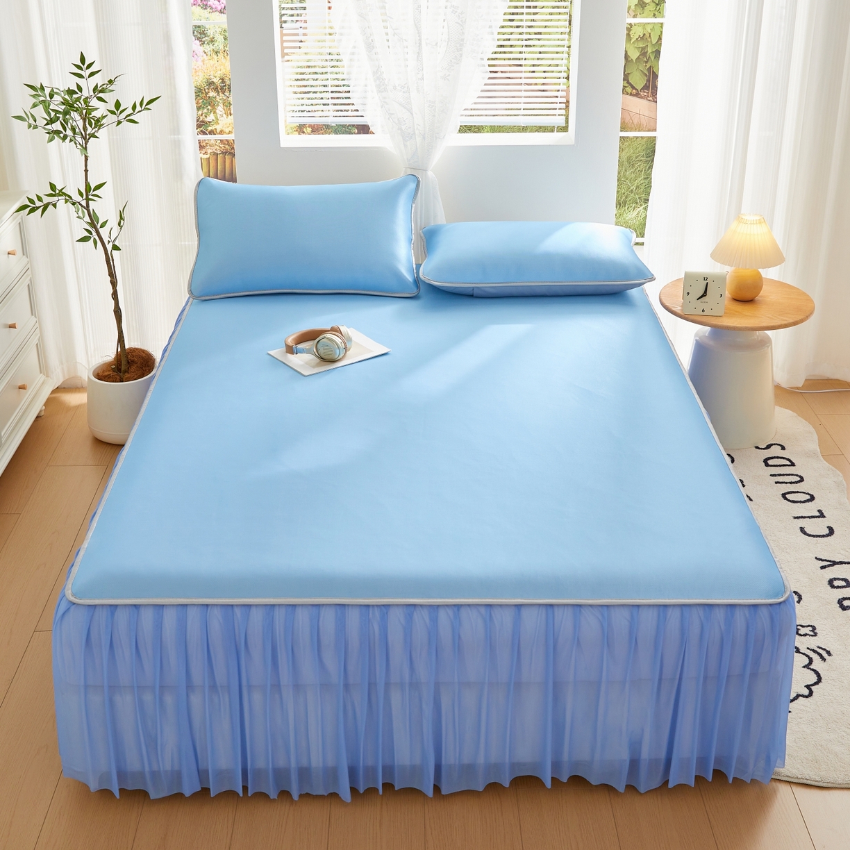 91家纺网 家纺一手货源 找家纺 优莱床垫 2026新款冰丝复合抗菌凉席床裙款 冰川蓝凉席床裙