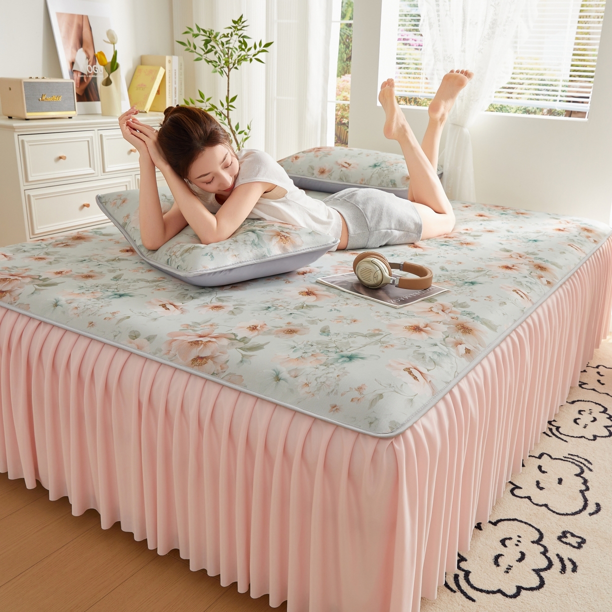 91家纺网 家纺一手货源 找家纺 优莱床垫 2026新款冰丝复合抗菌凉席床裙款 春意浓凉席床裙