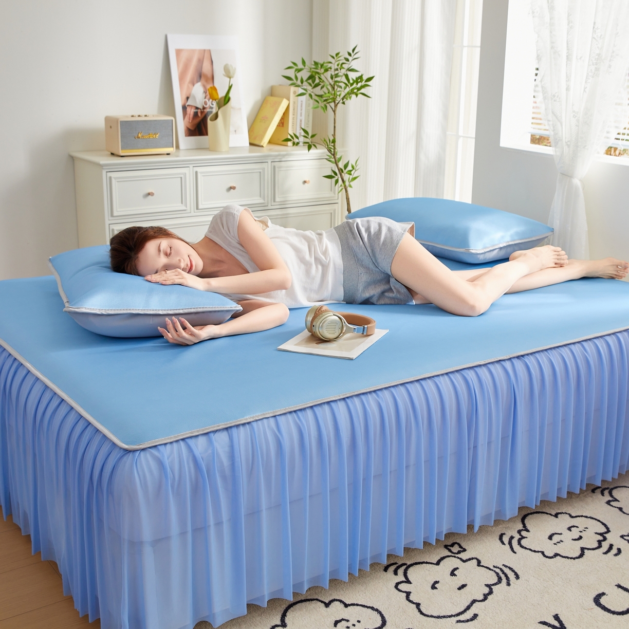 91家纺网 家纺一手货源 找家纺 优莱床垫 2026新款冰丝复合抗菌凉席床裙款 冰川蓝凉席床裙