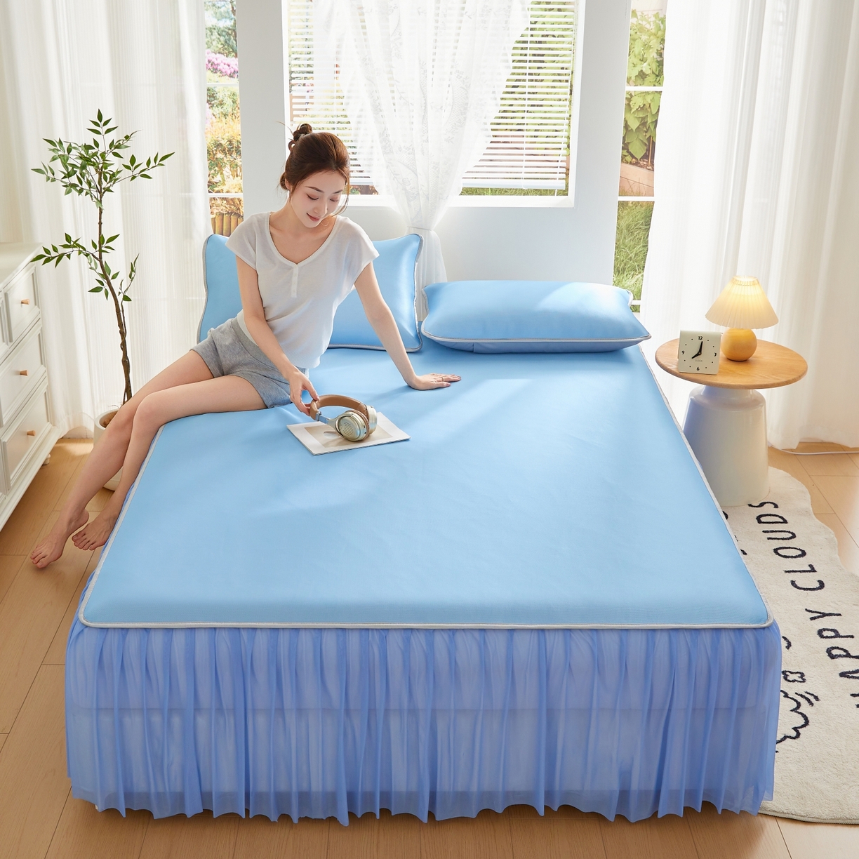 91家纺网 家纺一手货源 找家纺 优莱床垫 2026新款冰丝复合抗菌凉席床裙款 冰川蓝凉席床裙