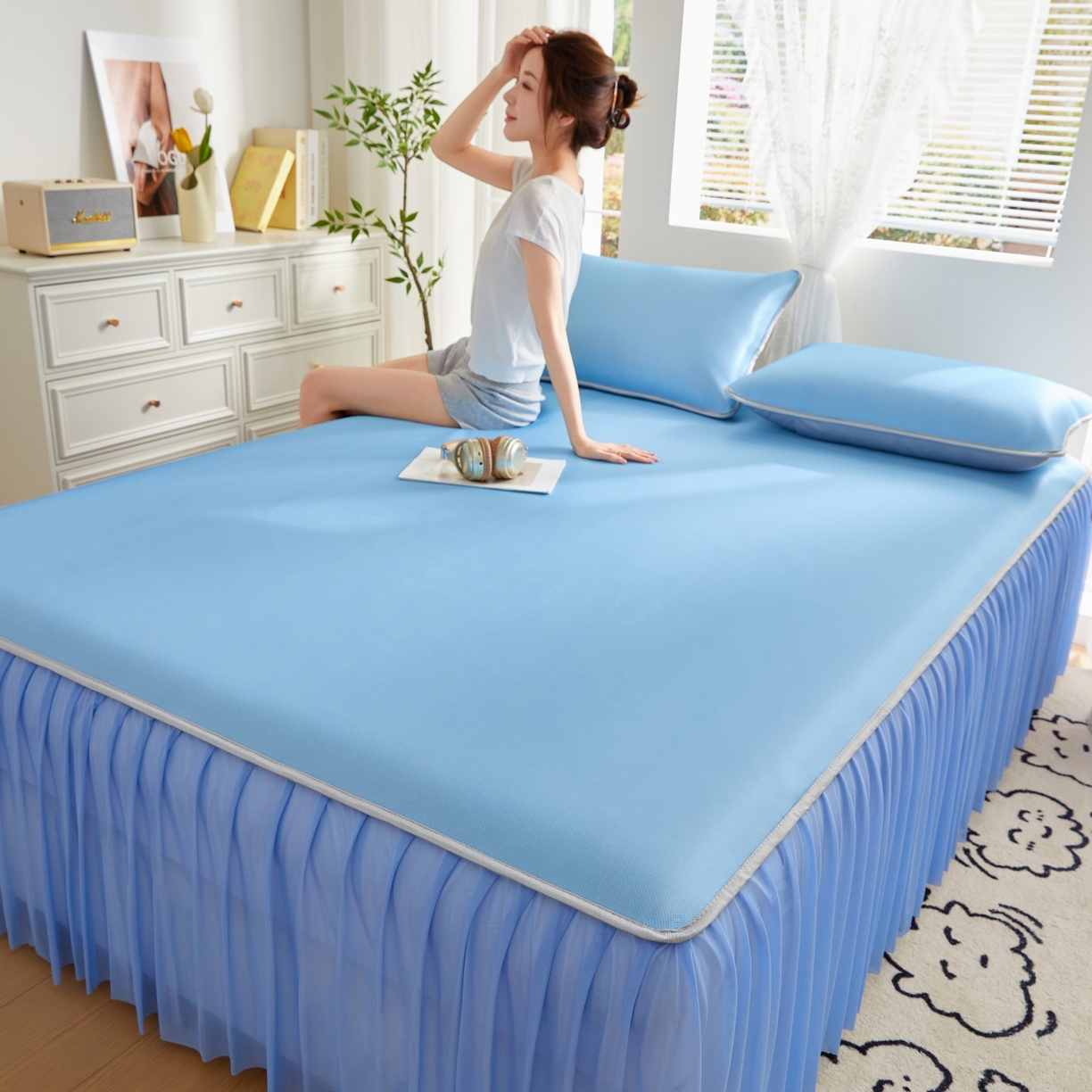 91家纺网 家纺一手货源 找家纺 优莱床垫 2026新款冰丝复合抗菌凉席床裙款 冰川蓝凉席床裙