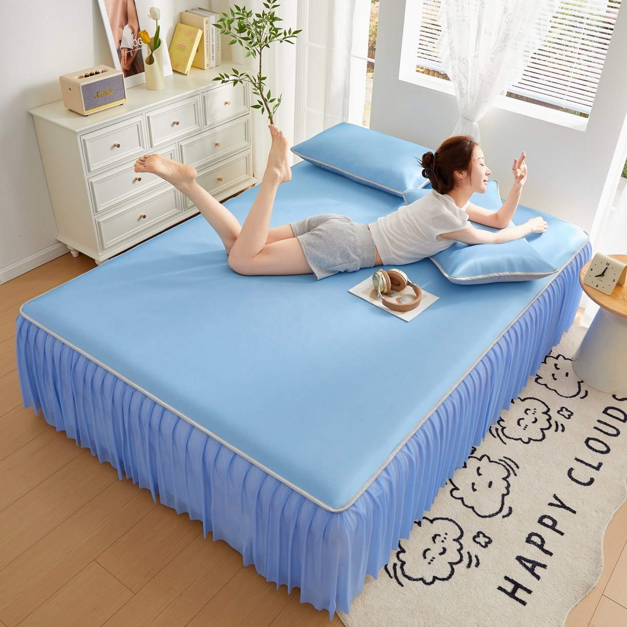 91家纺网 家纺一手货源 找家纺 优莱床垫 2026新款冰丝复合抗菌凉席床裙款 冰川蓝凉席床裙