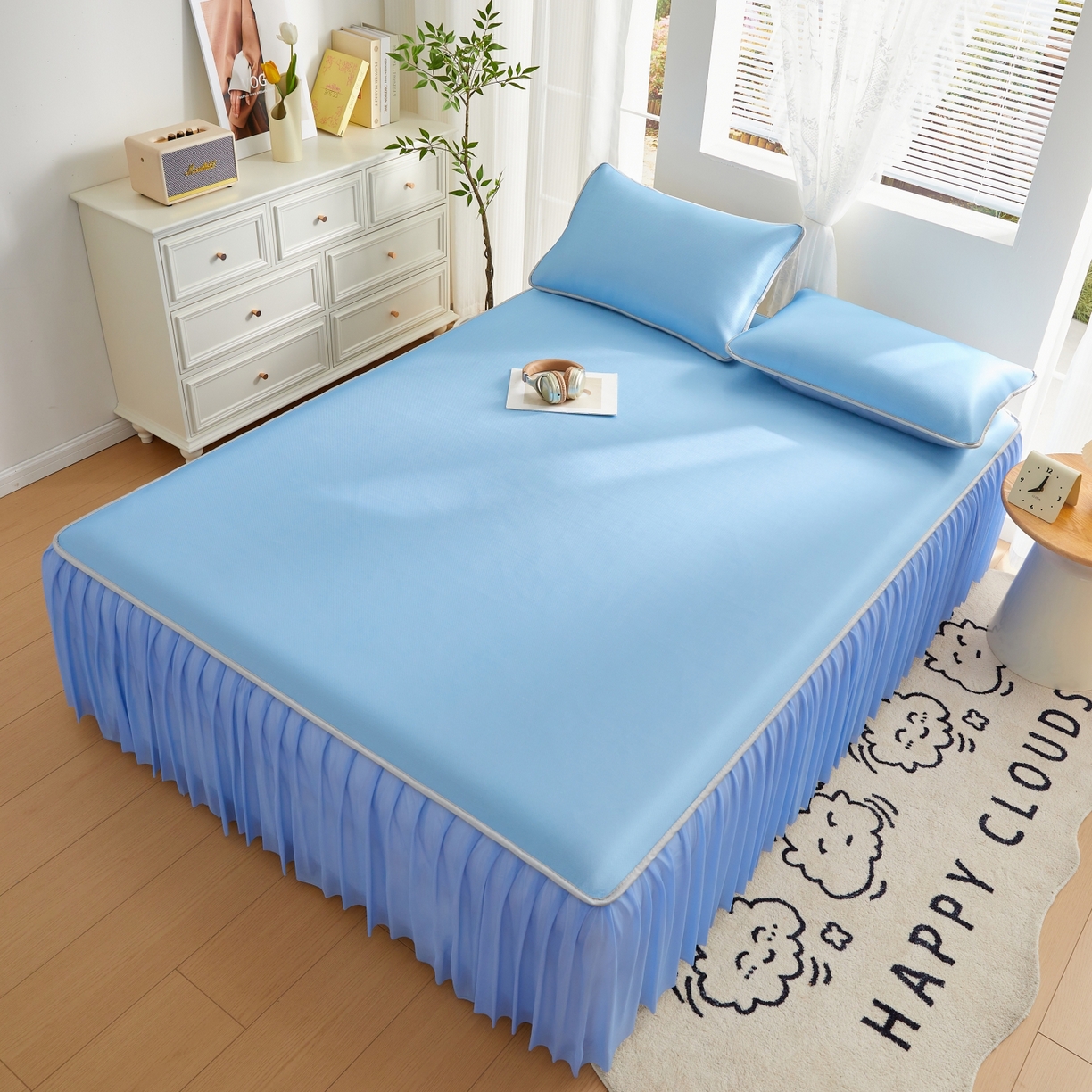 91家纺网 家纺一手货源 找家纺 优莱床垫 2026新款冰丝复合抗菌凉席床裙款 冰川蓝凉席床裙