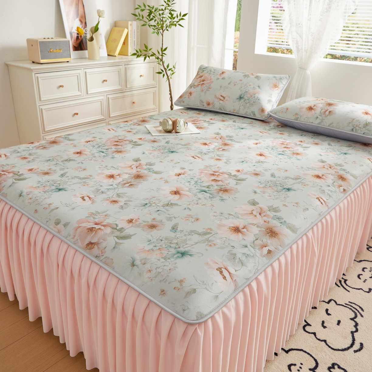 91家纺网 家纺一手货源 找家纺 优莱床垫 2026新款冰丝复合抗菌凉席床裙款 春意浓凉席床裙