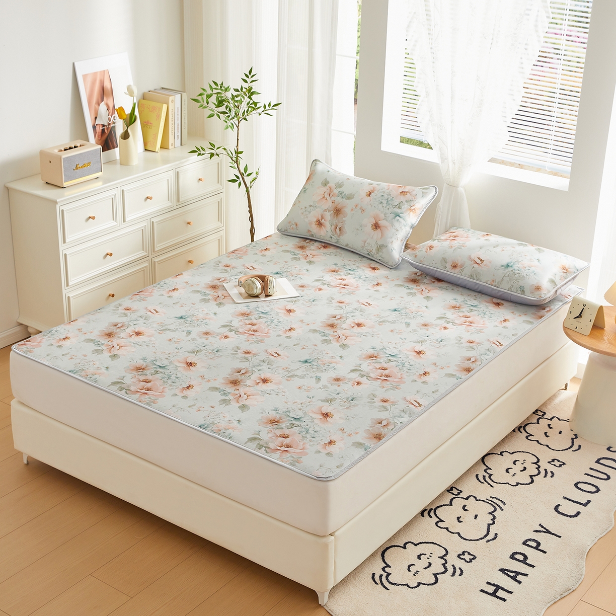 优莱床垫 2026新款冰丝复合抗菌凉席床裙款 春意浓凉席平铺款