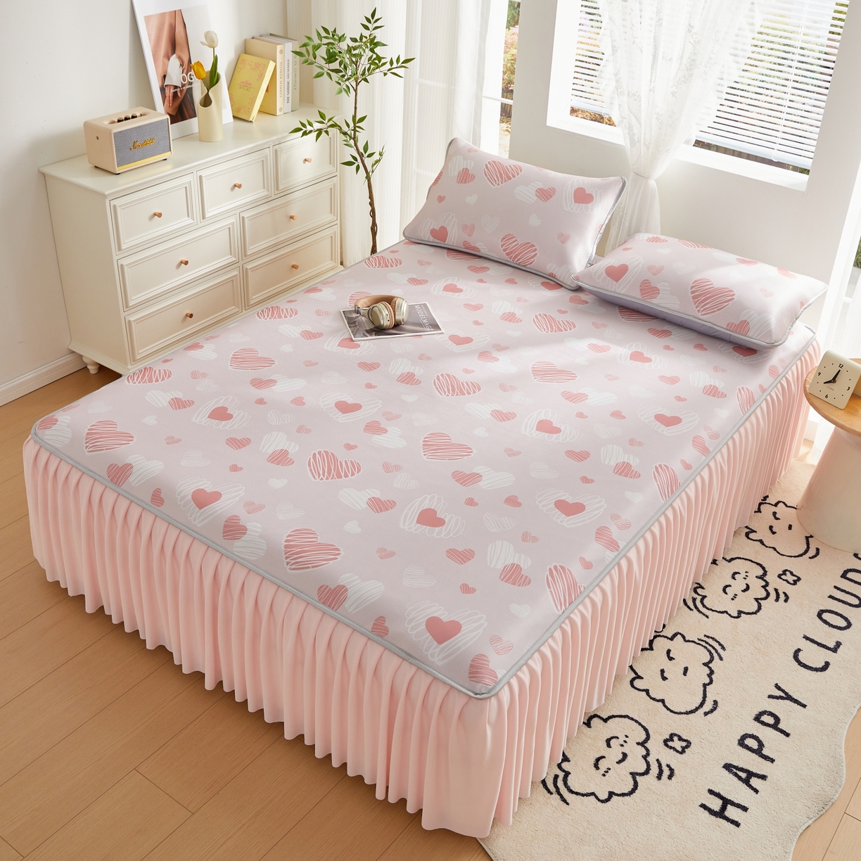 91家纺网 家纺一手货源 找家纺 优莱床垫 2026新款冰丝复合抗菌凉席床裙款 心心相印凉席床裙