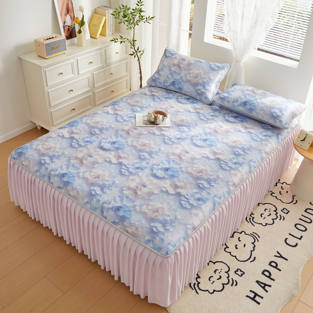 91家纺网 家纺一手货源 找家纺 优莱床垫 2026新款冰丝复合抗菌凉席床裙款 丽莎庄园凉席床裙