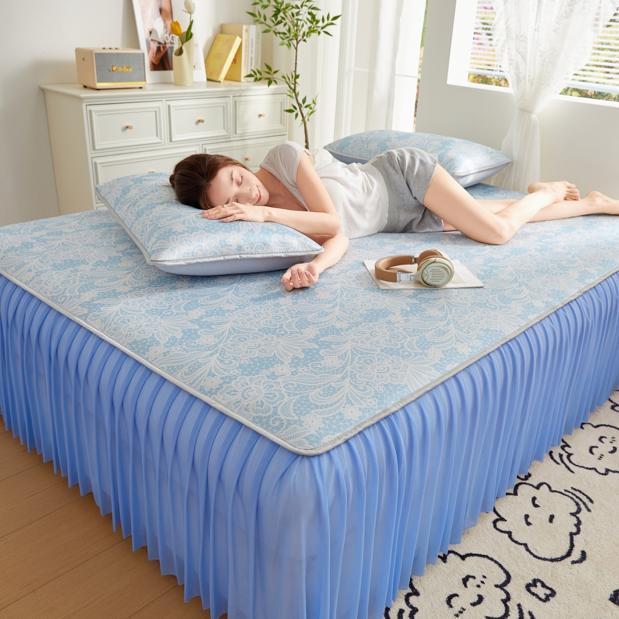 91家纺网 家纺一手货源 找家纺 优莱床垫 2026新款冰丝复合抗菌凉席床裙款 清羽冰蓝凉席床裙