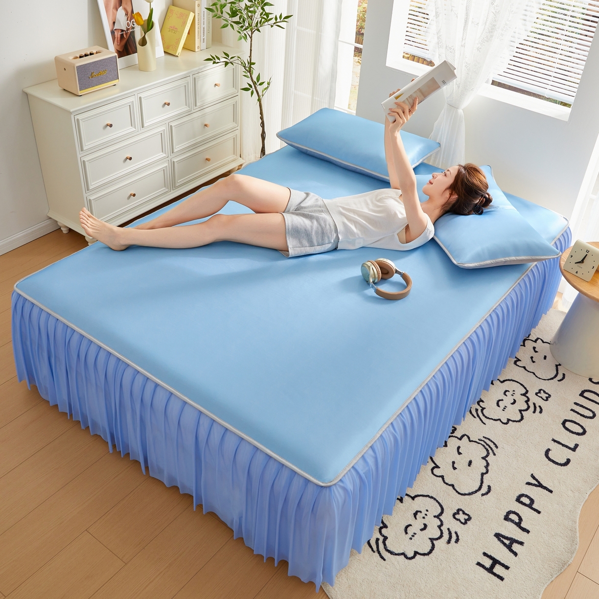 91家纺网 家纺一手货源 找家纺 优莱床垫 2026新款冰丝复合抗菌凉席床裙款 冰川蓝凉席床裙