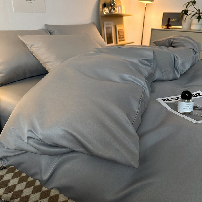 91家纺网 家纺一手货源 找家纺 缦绣阁家纺  2026新款夏季轻奢水洗冰丝四件套真丝简约纯色被罩被套学生宿舍三件套-洛可可系列 洛可可-银灰