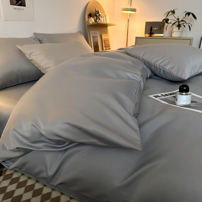 91家纺网 家纺一手货源 找家纺 缦绣阁家纺  2026新款夏季轻奢水洗冰丝四件套真丝简约纯色被罩被套学生宿舍三件套-洛可可系列 洛可可-银灰