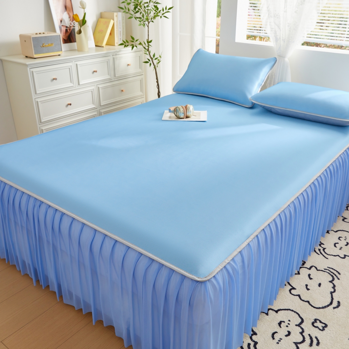优莱床垫 2026新款冰丝复合抗菌凉席床裙款 冰川蓝凉席床裙