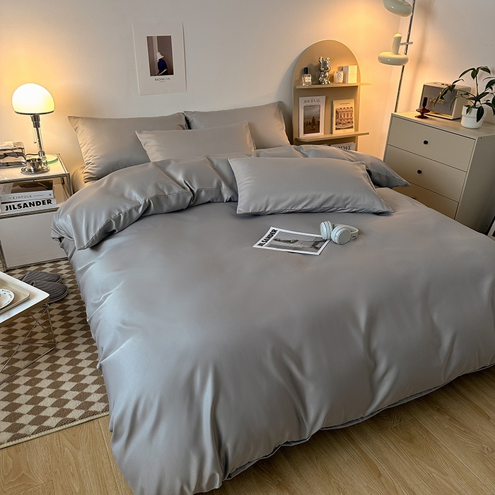 91家纺网 家纺一手货源 找家纺 缦绣阁家纺  2026新款夏季轻奢水洗冰丝四件套真丝简约纯色被罩被套学生宿舍三件套-洛可可系列 洛可可-银灰