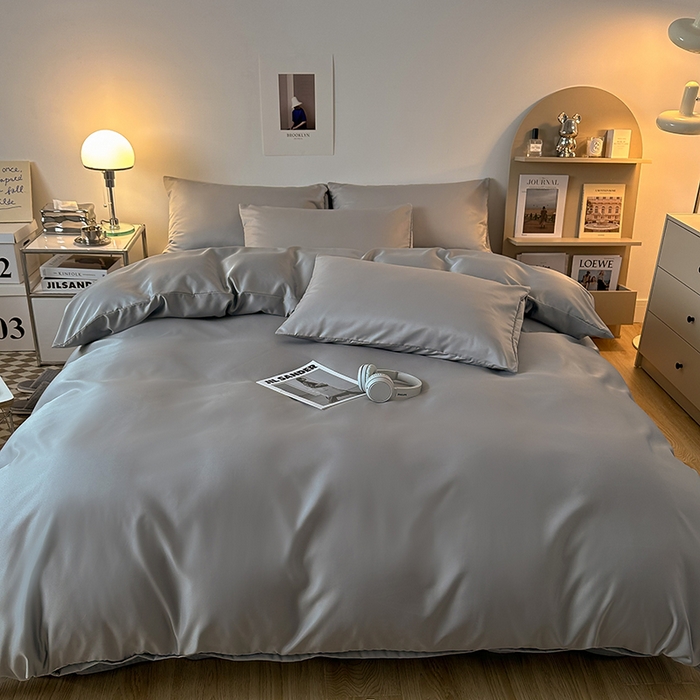 91家纺网 家纺一手货源 找家纺 缦绣阁家纺  2026新款夏季轻奢水洗冰丝四件套真丝简约纯色被罩被套学生宿舍三件套-洛可可系列 洛可可-银灰
