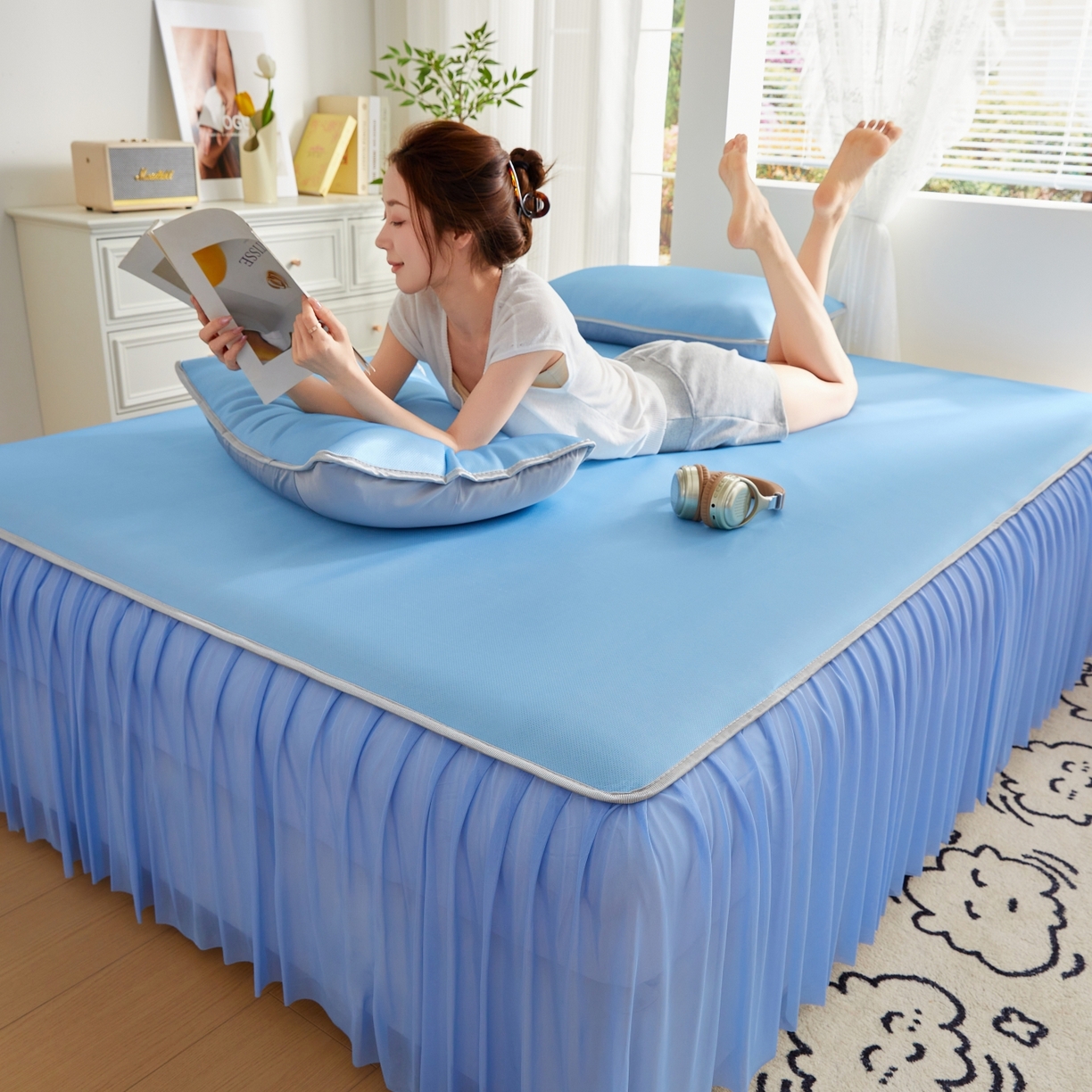 91家纺网 家纺一手货源 找家纺 优莱床垫 2026新款冰丝复合抗菌凉席床裙款 冰川蓝凉席床裙