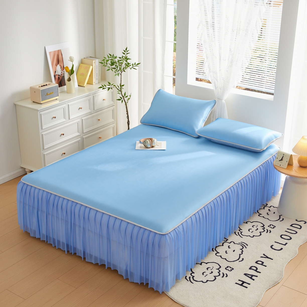 91家纺网 家纺一手货源 找家纺 优莱床垫 2026新款冰丝复合抗菌凉席床裙款 冰川蓝凉席床裙