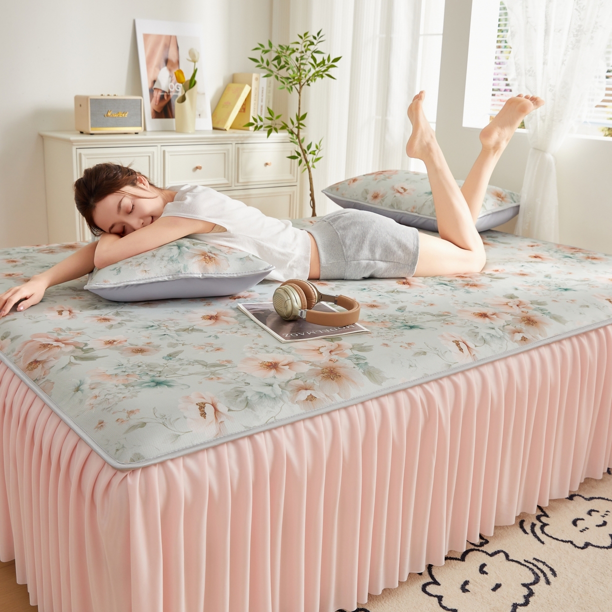 91家纺网 家纺一手货源 找家纺 优莱床垫 2026新款冰丝复合抗菌凉席床裙款 春意浓凉席床裙