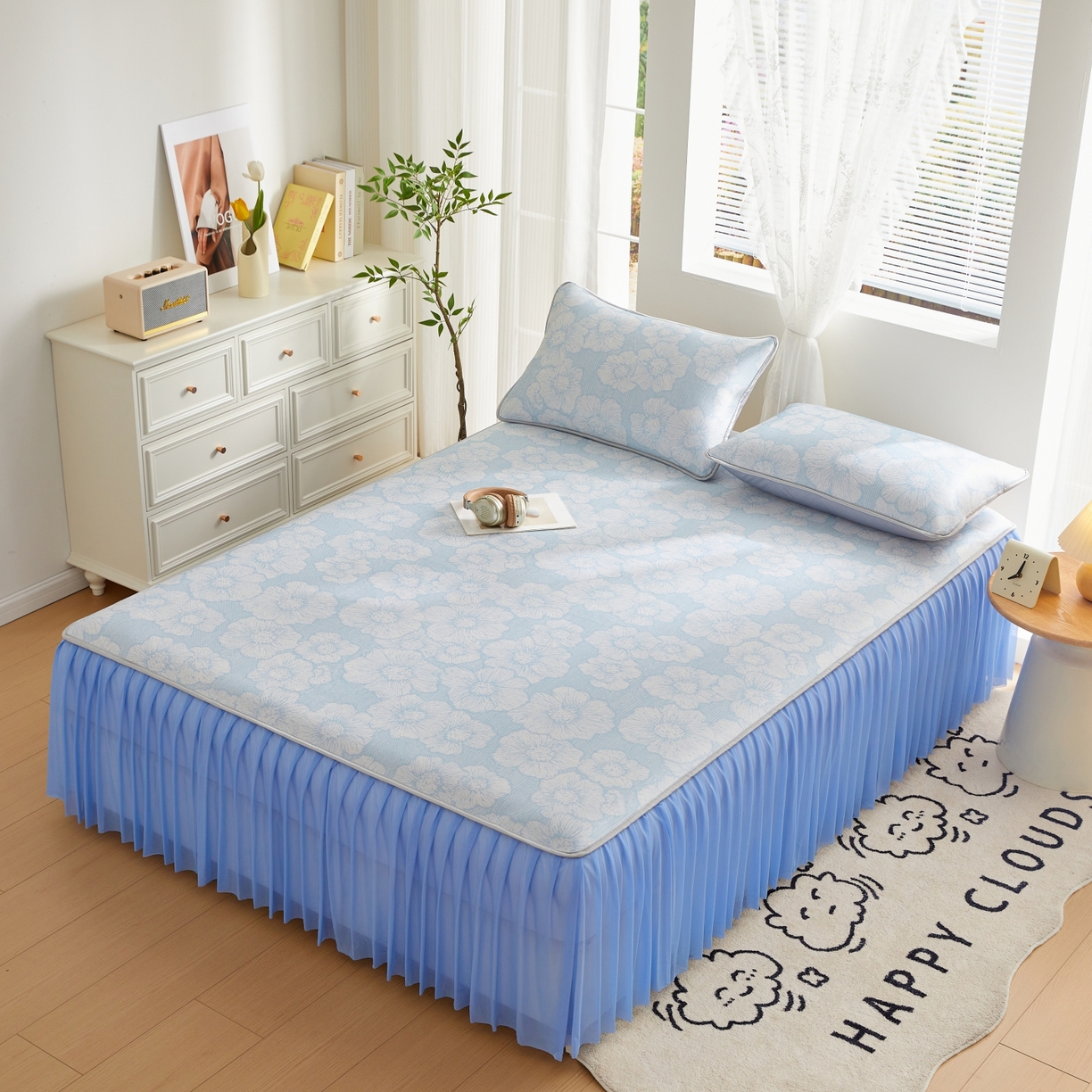 91家纺网 家纺一手货源 找家纺 优莱床垫 2026新款冰丝复合抗菌凉席床裙款 蓝茵大花凉席床裙