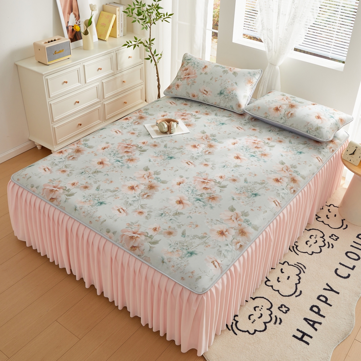 91家纺网 家纺一手货源 找家纺 优莱床垫 2026新款冰丝复合抗菌凉席床裙款 春意浓凉席床裙