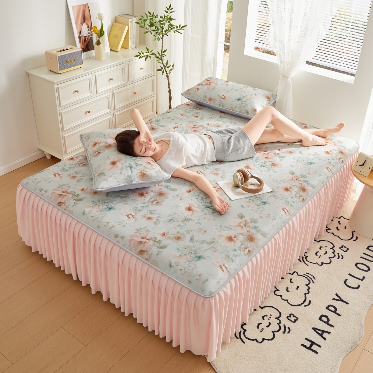 91家纺网 家纺一手货源 找家纺 优莱床垫 2026新款冰丝复合抗菌凉席床裙款 春意浓凉席床裙